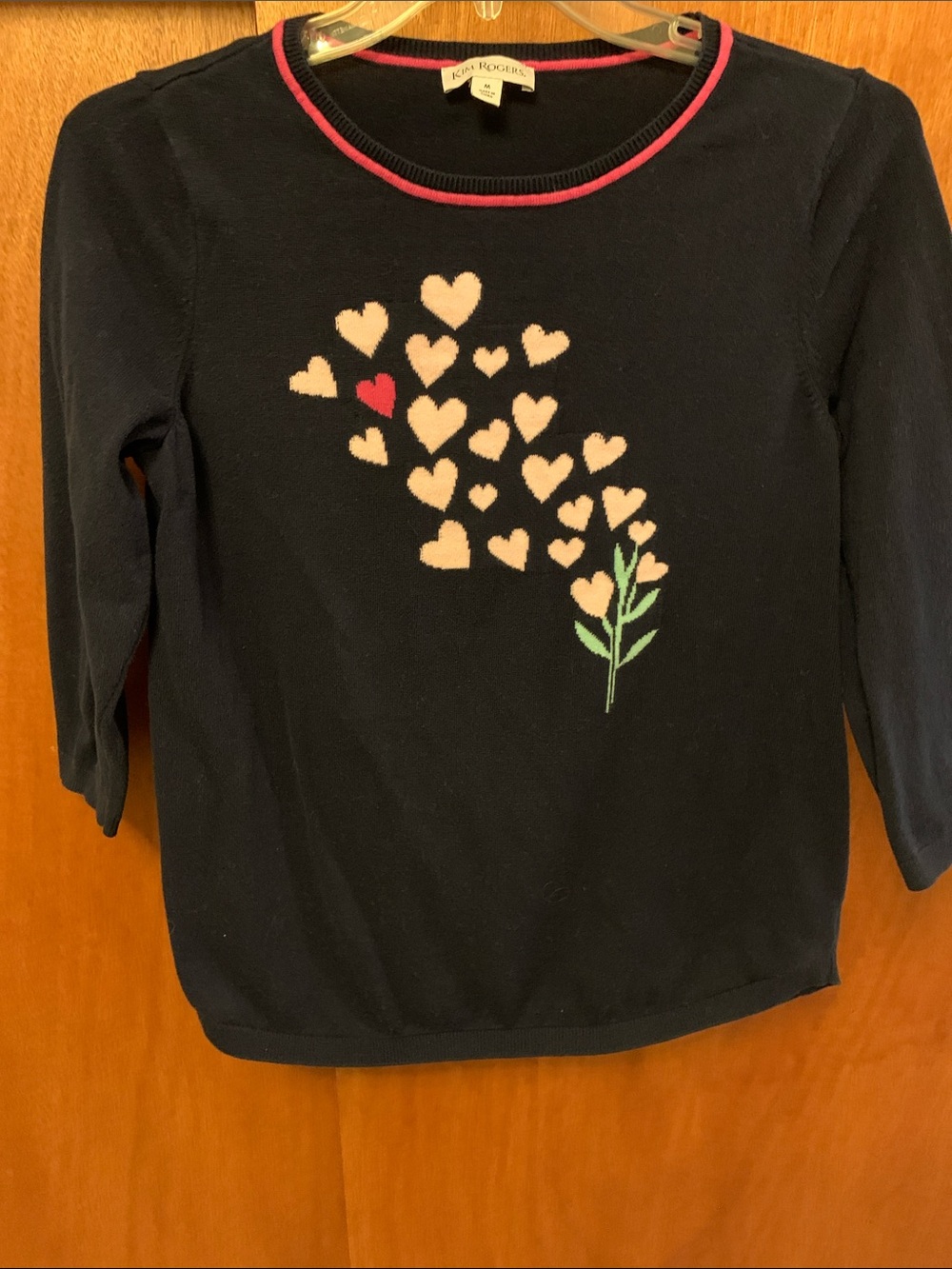 Kim Rogers Navy Crewneck Sweater with Pink Hearts and Green Stem